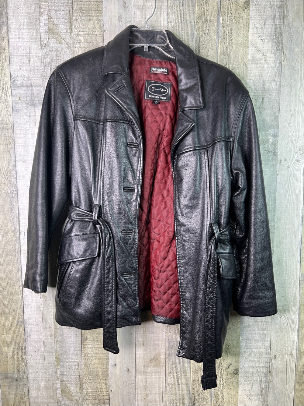Tannery West Vintage Large Lined Black Leather Belted Jacket (Flawed-NO BUTTONS)